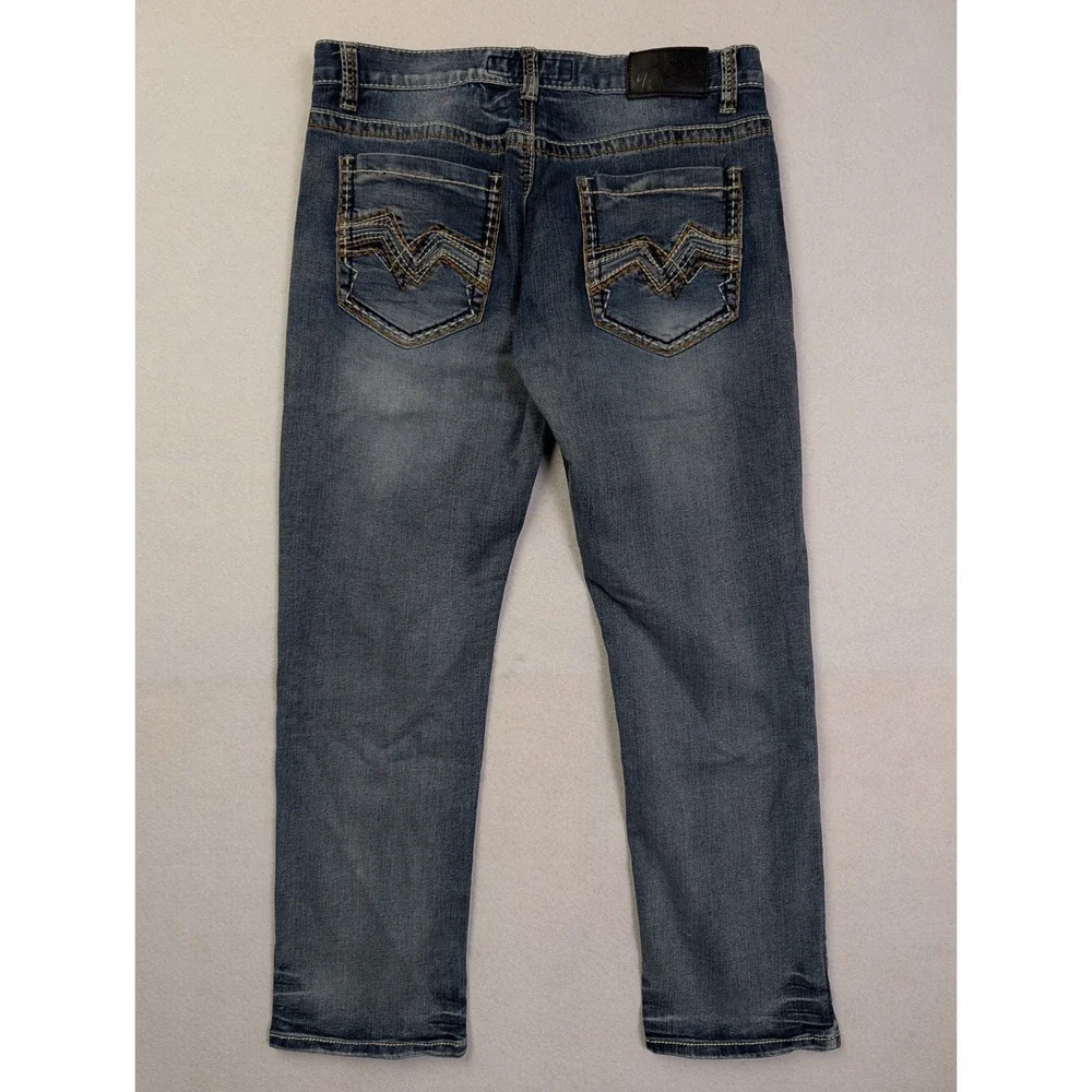 True Luck Mens Straight Leg Jeans 34 / 32 Distressed Embroidered Blue